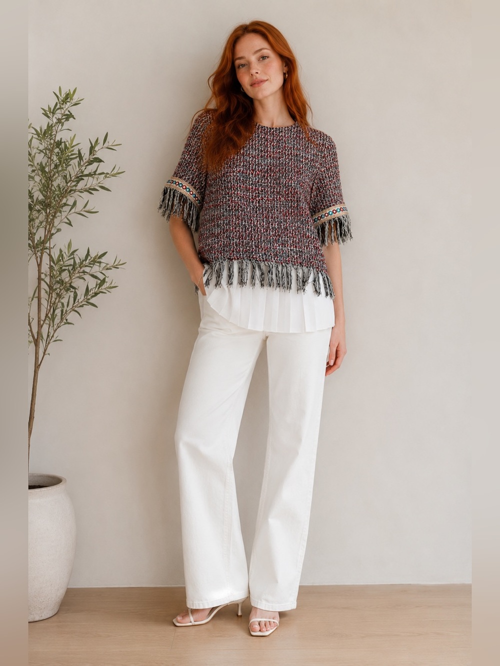 Zara Multicolor Tweed Short-Sleeve Knit Top with Fringe